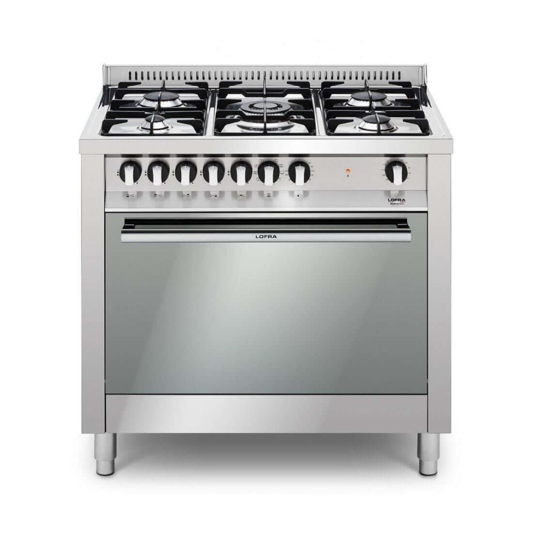 Fogão Lofra New Maxima 5 bocas inox 90cm, forno elétrico 102 litros, queimadores profissionais e sistema de segurança gás stop.